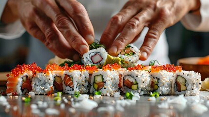 Sushi chef preparing intricate maki rolls, hands in motion, detailed close-up of fresh ingredients