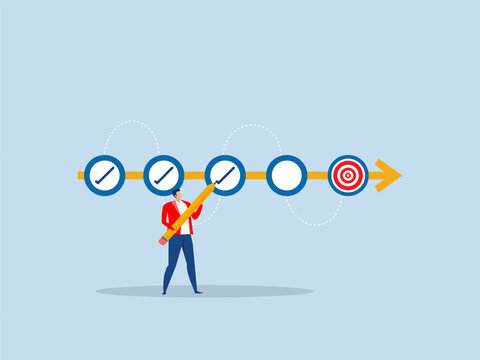 Goal tracker Task completion entering check mark concept,Businessman project manager holding big pencil to check completed tasks in project management timeline.