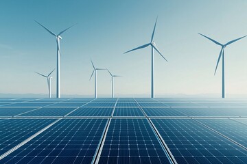 A clean energy facility with solar panels and wind turbines, set against a backdrop of clear skies, symbolizing the global movement towards decarbonization. The image includes extensive copy space