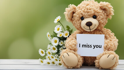 teddy bear with the message "I miss you" and flowers. I MISS YOU,  love, cute romance, couples card.,love background copy-space