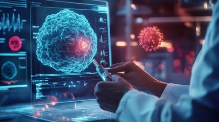 A doctor analyzing a 3d holographic scan of a patient tumor or cancer cell. Precise medicine. Concept for science and medicine theme 