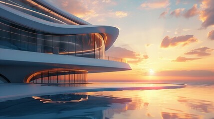 Fototapeta premium Minimalist Curved Structures: A Vision of Luxury Architecture with a Surreal Sunset Backdrop