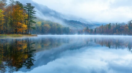 Fototapeta premium Serene Lake with Fog Rolling Across Tranquil Landscape