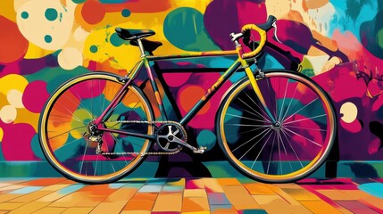 Fototapeta premium Colorful bicycle parked against abstract wall.