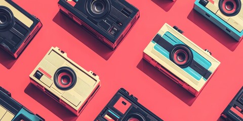 Fototapeta premium Vintage cameras on a red background.