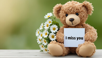 teddy bear with the message "I miss you" and flowers. I MISS YOU,  love, cute romance, couples card.,love background copy-space