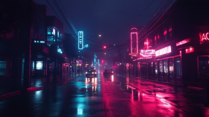 Obraz premium Rainy street with neon lights.