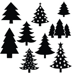 Christmas Tree Silhouettes with Ornaments and Snowflakes