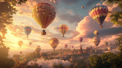 Obraz premium Hot air balloons float over a fantasy city.