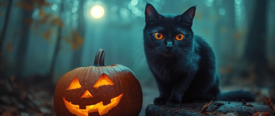 A black cat with glowing eyes sits next to a jack-o-lantern in a misty forest.
