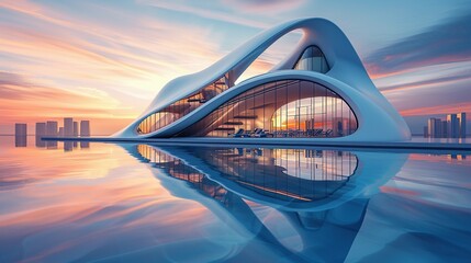 Minimalist Curved Structures: A Vision of Luxury Architecture with a Surreal Sunset Backdrop