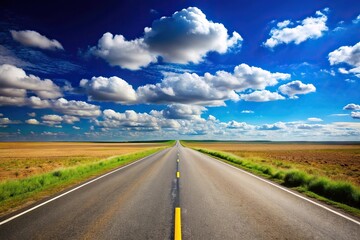Fototapeta premium Scenic view of a long road under a clear blue sky with a few clouds in the background