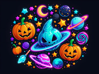 Fototapeta premium Candy Galaxy: Enchanting Fantasy Halloween Stickers in High-Quality 4K Neon Colors