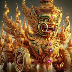 Fototapeta premium Divine Tuk-Tuk of the Guardian: A Hyper-Realistic, Ornate Golden Tuk-Tuk Driven by a Mythical Thai Guardian Yaksha, Blending Ancient Tradition and Modern Urban Streets with Intricate Details