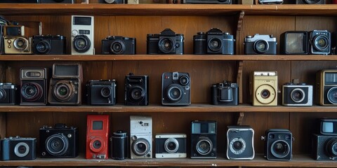 Obraz premium Vintage cameras on wooden shelves.