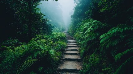 Lively Hiking Trail Disappearing into the Fog