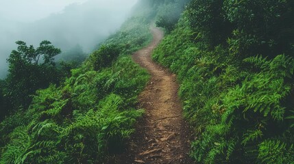 Fototapeta premium Lively Hiking Trail on a Foggy Day