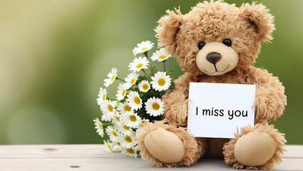 teddy bear with the message "I miss you" and flowers. I MISS YOU,  love, cute romance, couples card.,love background copy-space