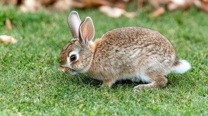Fototapeta premium Skinny Rabbit Nibbling Grass in a Lively Setting