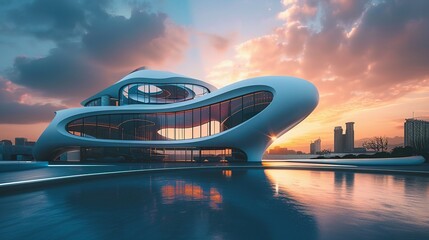 Obraz premium Innovative Urban Design: Modern Luxury Building Amidst a Futuristic Skyline and Vibrant Sunset