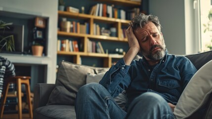 Obraz premium Man Sitting On Sofa With Troubled Expression