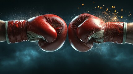 Two boxing gloves clashing in the center, with ample copy space for adding text. Ideal for a fight night poster, showcasing the intense moment before a boxing match between opponents