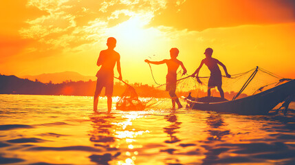 Fototapeta premium Traditional Fishing Techniques at Sunset
