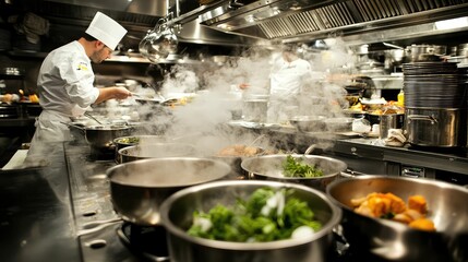 Lively Kitchen Scene During Busy Dinner Time