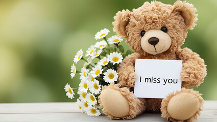 teddy bear with the message "I miss you" and flowers. I MISS YOU,  love, cute romance, couples card.,love background copy-space