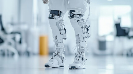 A person is wearing advanced robotic exoskeleton legs, showcasing cutting edge technology in modern environment. sleek design emphasizes innovation and mobility