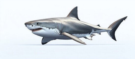 Fototapeta premium A great white shark, also known as a white pointer, swims gracefully through the water with its mouth slightly open, showing its sharp teeth.