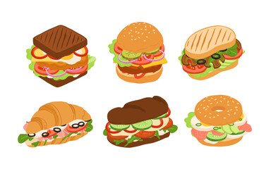 Sandwiches with Various Ingredients. Vector cartoon illustration of sandwich, bagel, burger with meat, fish, avocado, egg, cheese and vegetables.