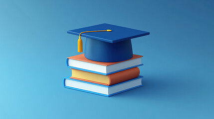 3D isometric icon: a blue graduation cap on top of two books,
