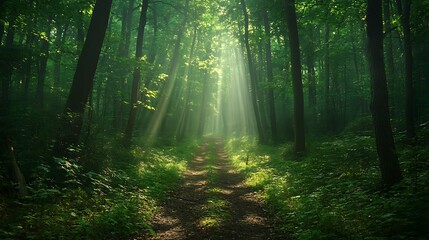 Fototapeta premium Pathway through the forest in a foggy morning.