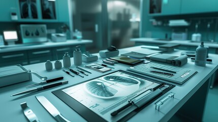 Doctor carefully examines X-ray film of patient's lungs, identifying COVID-19 complications, with medical instruments and charts in the background.