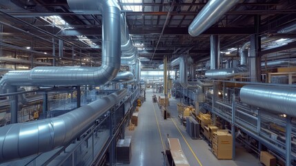 Fototapeta premium Panoramic View of Modern Manufacturing Facility Interior