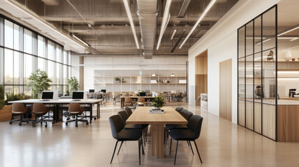 Modern office interior featuring spacious workstations, large windows, and collaborative atmosphere. design emphasizes natural light and minimalist aesthetic, creating an inviting workspace