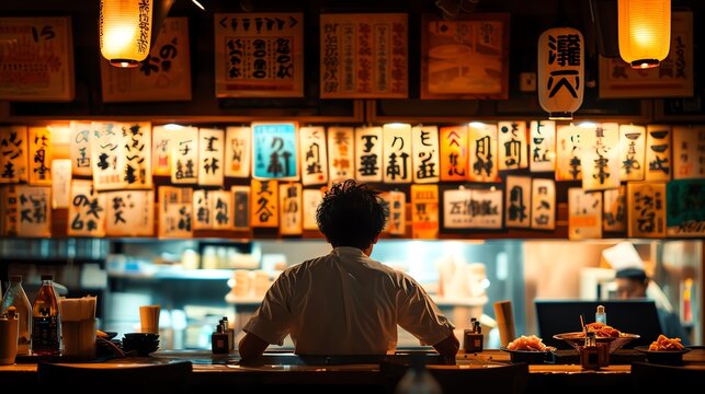 A vintage sushi bar scene with wooden interiors, colorful neon signs, and a chef skillfully preparing sushi. Warm retro colors, soft lighting, cozy ambiance