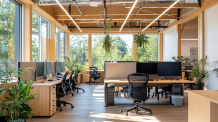 Fototapeta premium A modern office space featuring large windows, wooden beams, and greenery. layout includes multiple workstations with ergonomic chairs and computer monitors, creating bright and inviting atmosphere