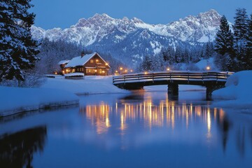 Fototapeta premium alpine lake with house and snow