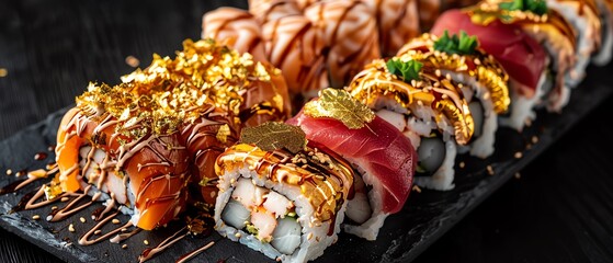 Luxury sushi platter with gold leaf garnish, opulent presentation, rich textures