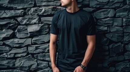 Man in Black T-Shirt Against Stone Wall