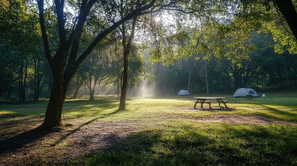 Fototapeta premium Serene Morning View at a Campsite