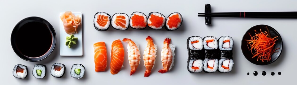 Japanese sushi menu layout, different sushi types labeled, flat design illustration