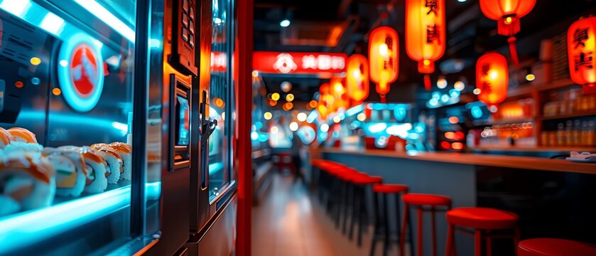 High-tech sushi vending machine dispensing sushi on conveyor belts, neon lights, and digital interface in a modern Japanese urban setting