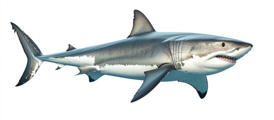 Obraz premium A large white shark, also known as a great white shark, swims with its mouth slightly open, showing sharp teeth, and has a grey and white body with fins.