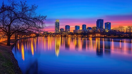 Fototapeta premium Serene City Skyline Reflected in Calm River Waters