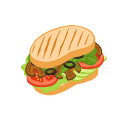 Sandwiches with Various Ingredients. Vector cartoon illustration of vegan mushroom sandwich, bagel, burger with meat, fish, avocado, egg, cheese and vegetables.