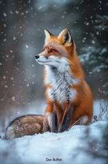 Fototapeta premium A graceful fox sits calmly, admiring the gentle snowfall, evoking feelings of peace and contentment. This captivating image highlights nature's pristine beauty and serenity.