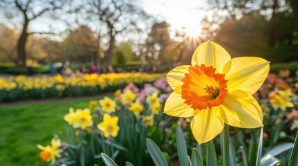 Fototapeta premium Vibrant Yellow Daffodil in Bloom at Sunset